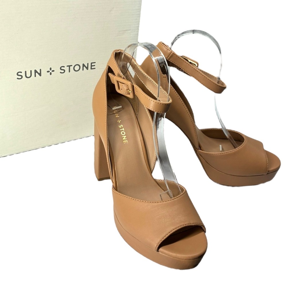 Sun + Stone‎ Reemaa Nude Platform Block Heel Sandals Ankle Strap Peep Toe 9M NIB